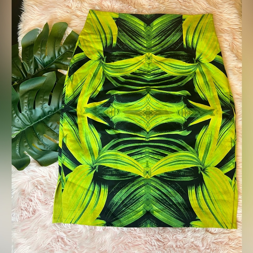 Worthington Green Black‎ Tropical Leaf Knee Length Hi-Waist Pencil Skirt Sz 6